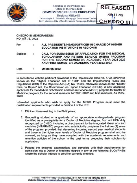CHEDRO III Memorandum No. 043 S. 2022 .